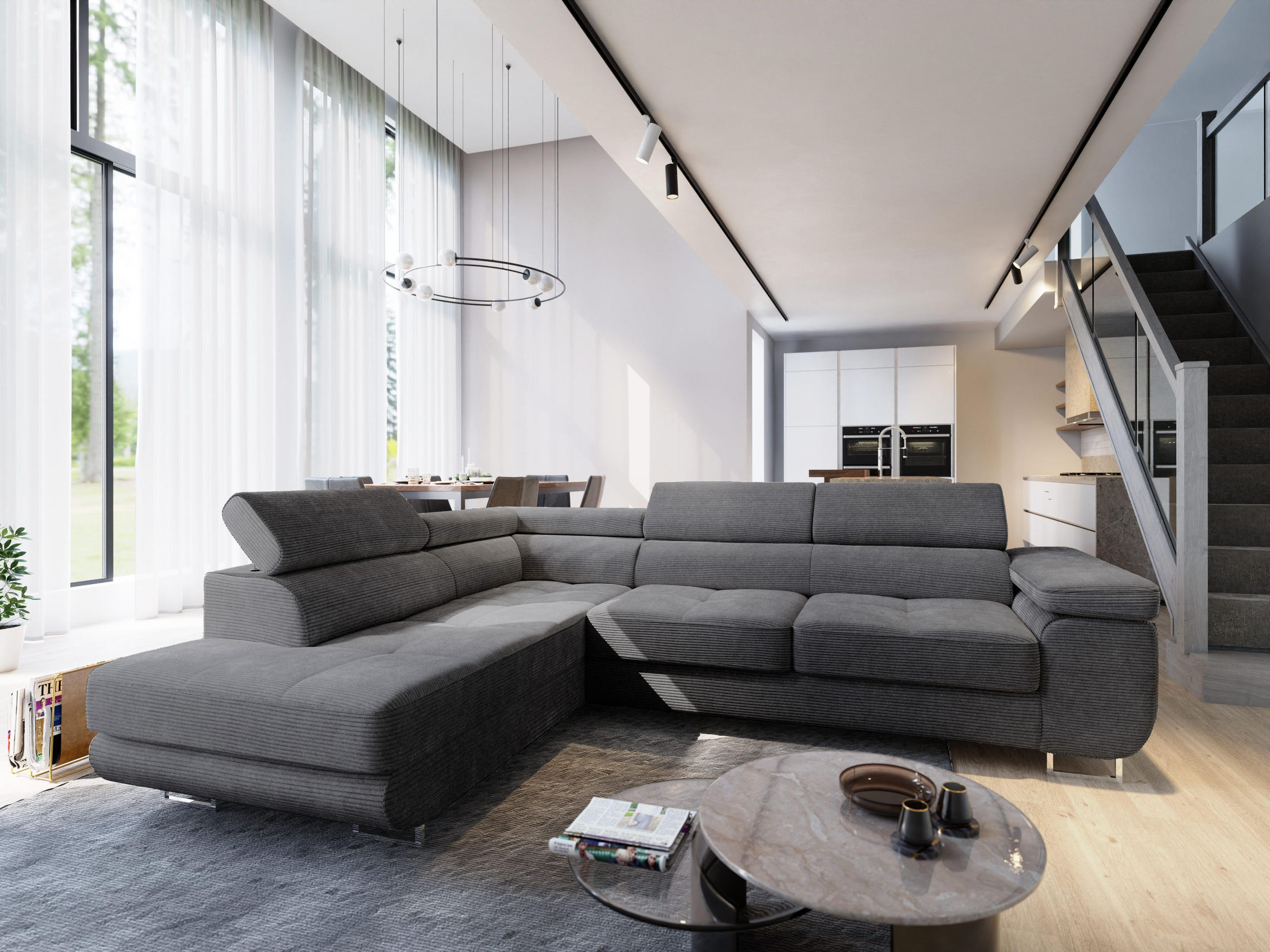 ECKSOFA APIRO L-S Graphitfarben Kordstoff mit Schlaffunktion - Graphitfarben, Holz (276/202cm) - MASSENO