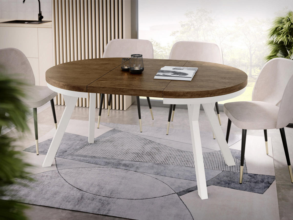 ESSTISCH Lume Weiß runder ausziehbarer, Lefkas Eiche 100-150/100/76 cm - Alteiche/Braun, Holz/Holzwerkstoff (100/150/76cm) - WFL GROUP