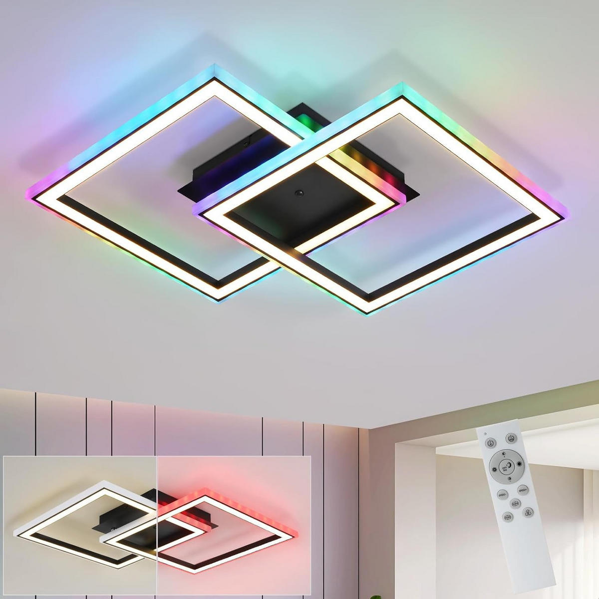 LED-DECKENLEUCHTE Luzadder 44.5/44.5/7cm - Schwarz, Metall (44.5/44.5/7cm) - Nettlife