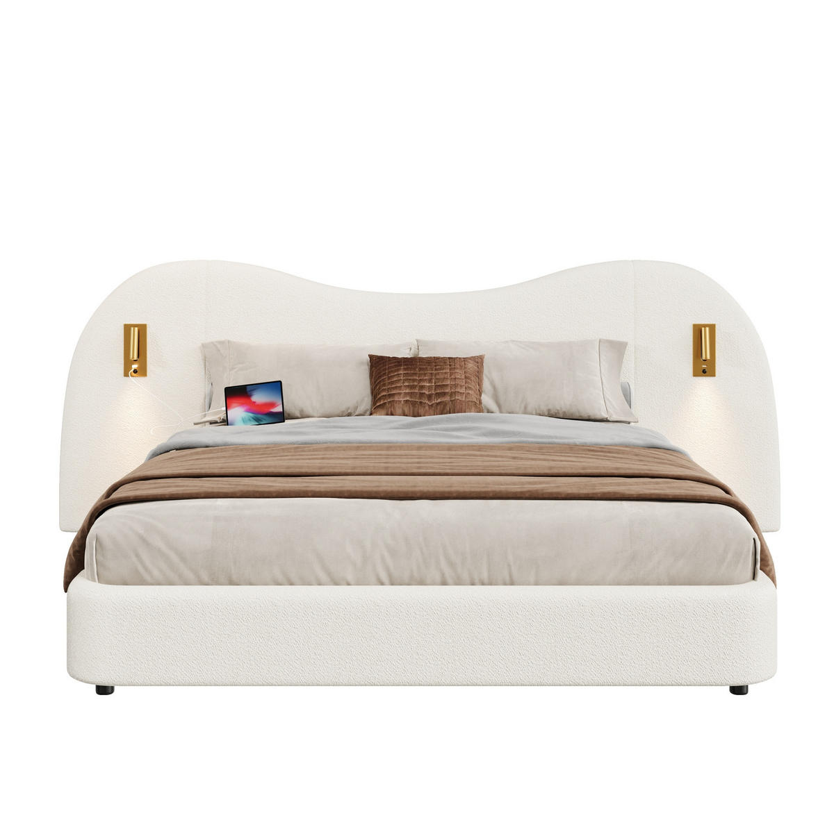 POLSTERBETT 180/200 cm mit Bettkasten, USB-Anschluss und Leselampen in Weiß - Weiß, Textil (180/200cm) - BEAOK