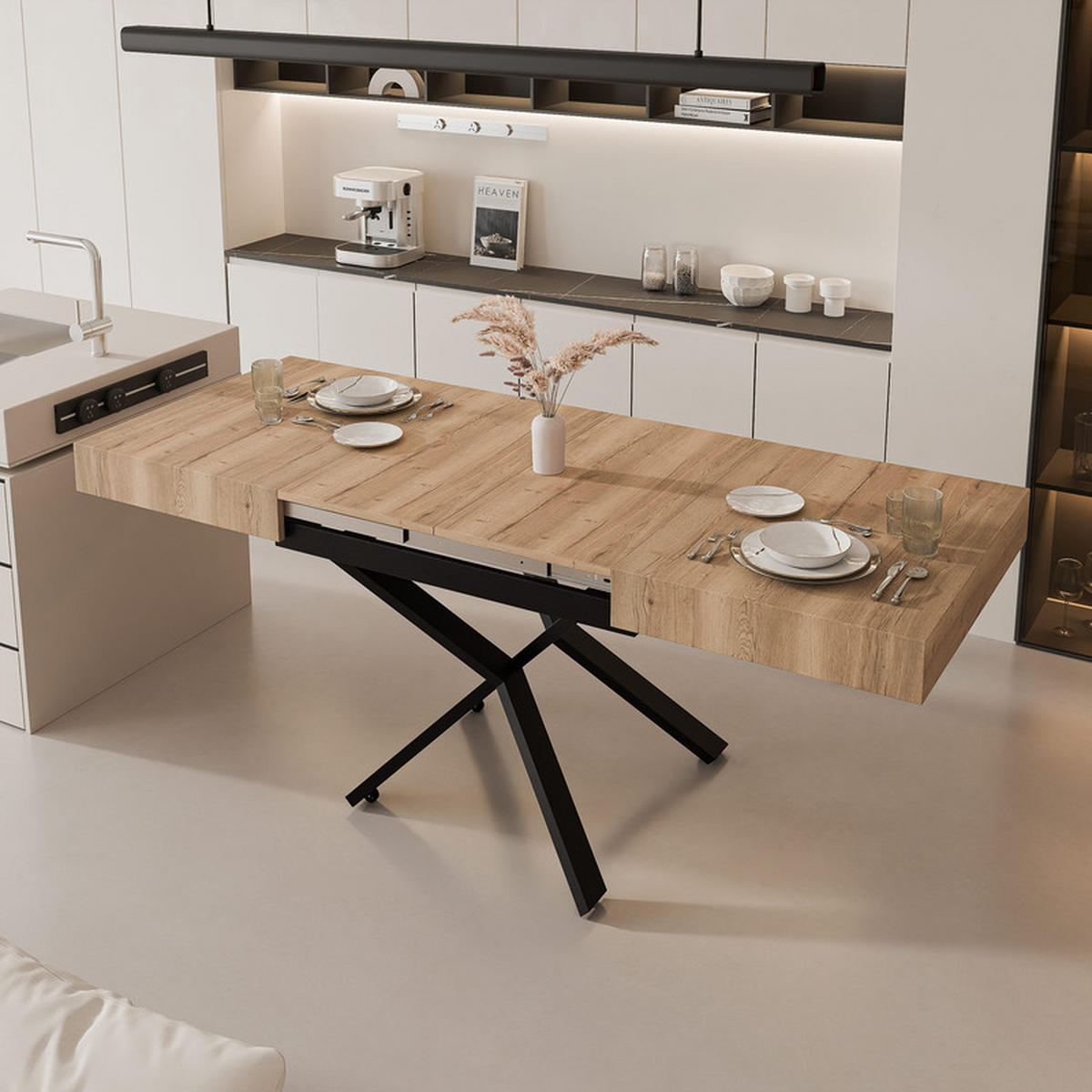 COUCHTISCH SANELLE X ausziehbar mit Liftfunktion, 120/80/76 cm Schwarz/Eiche - Eichefarben/Schwarz, Holzwerkstoff/Metall (120/80/27cm) - Idohome