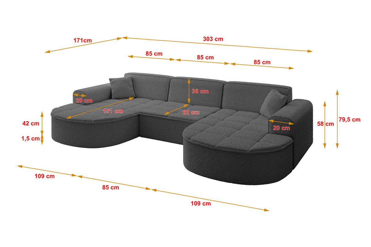 WOHNLANDSCHAFT TARO-U1 - 303x171x79,5 cm Grau - Grau, Holzwerkstoff/Textil (303/79.5/171cm) - ALTDECOR