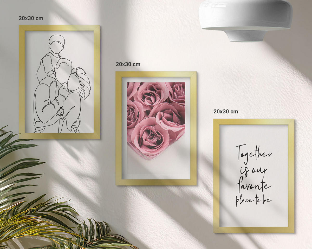 BILDER SET 3er Set - 20x30 cm Goldrahmen - Rosensträuße als Familienzeichnung - Goldfarben, Kunststoff (20/30cm) - TULUP