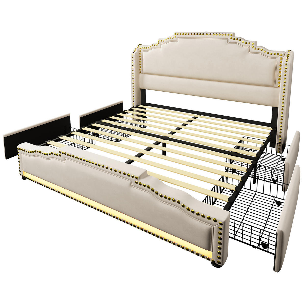 POLSTERBETT 140/200 cm Beige mit 4 Schubladen, LED-Beleuchtung und Matratze - Beige, Textil (140/200cm) - Flora Grace