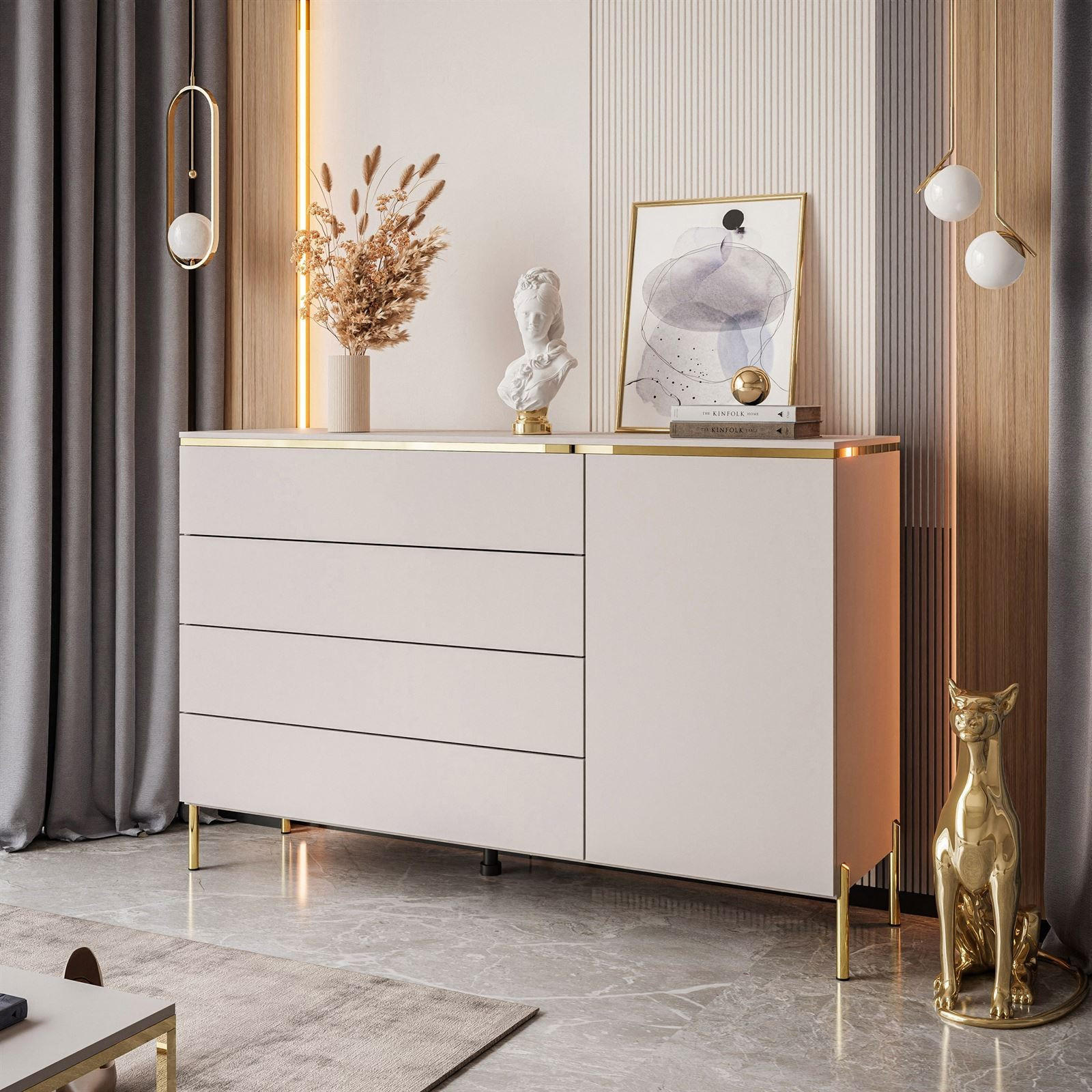 KOMMODE AURORA 4S1D Kaschmir mit gerade Goldchrom Fuße - Kaschmir/Goldfarben, Holzwerkstoff/Metall (140/91/40cm) - Lookway