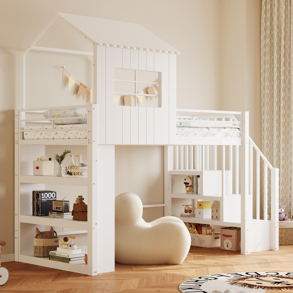 HOCHBETT 90/200 cm DE-01529, in Weiß, mit Hausdesign, Stauraumregal und Sicherheitstreppe - Weiß, Metall (90/200cm) - ComfortXL