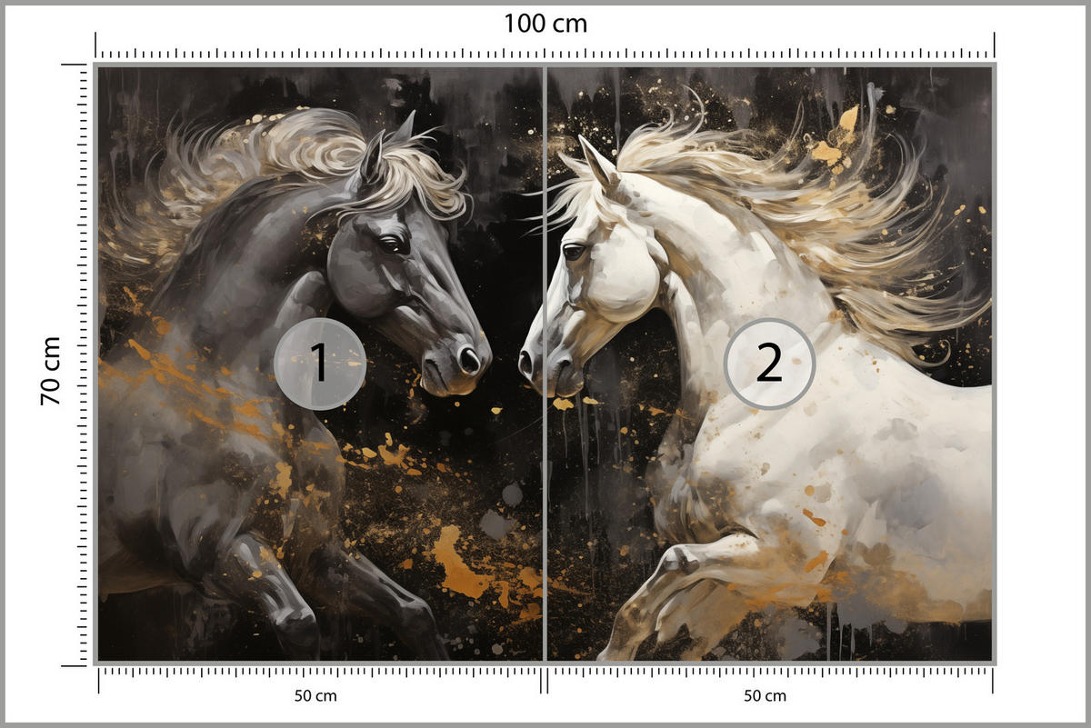 FOTOTAPETE für Büro Schwarz-Weiß Pferd Aquarell Goldakzente Eleganz 100x70 - Beige/Schwarz, Papier (100/70cm) - Muralo