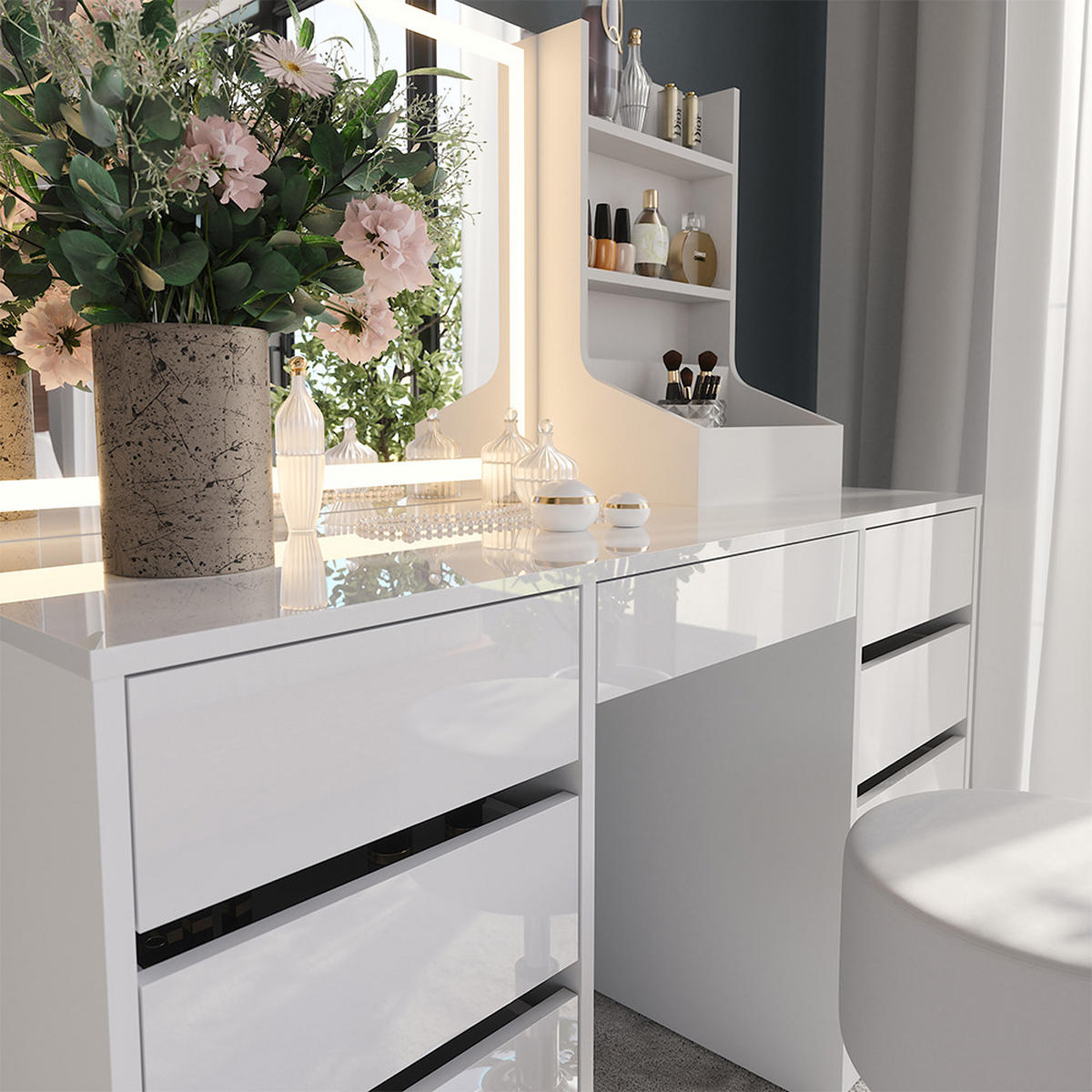 SCHMINKTISCH Sherry Weiß/Weiß Hochglanz 128.2 cm 4 Teile - Weiß Hochglanz, Holzwerkstoff (128.2/76/50.1cm) - Vicco