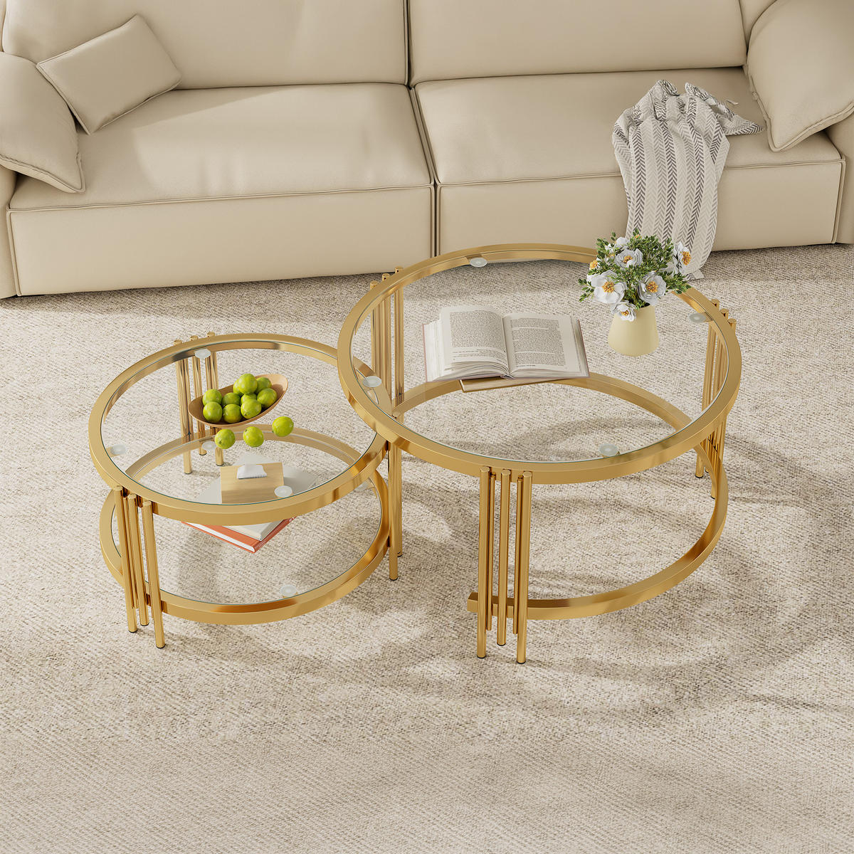 COUCHTISCH 2-teiliges Set Nesting Satztisch ⌀80x45 cm + ⌀60x35 cm– Goldfarben - Goldfarben, Holzwerkstoff (80/80/45cm) - Flora Grace