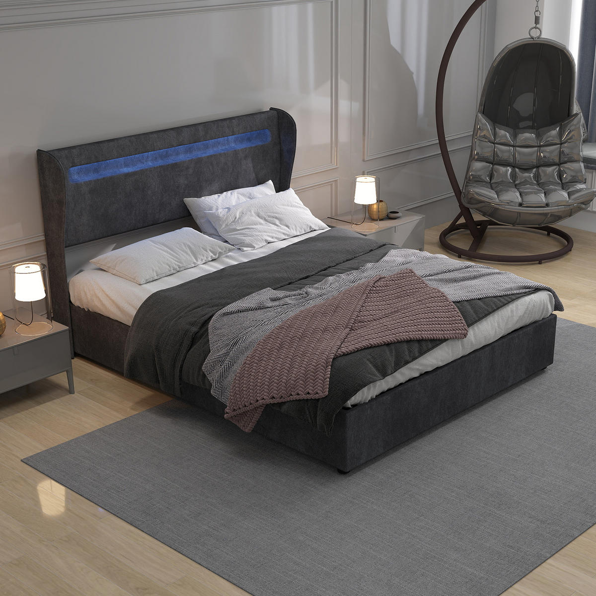 POLSTERBETT 160x200 cm LED Stauraum grau - Grau, Textil (160/200cm) - LEBENLANG