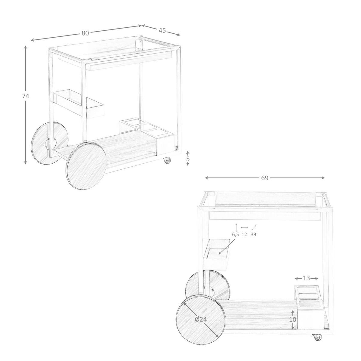MINIBARWAGEN Stahl und Nussbaum 80/45/74 cm - Edelstahlfarben/Walnussfarben, Metall (80/74/45cm) - ANGEL CERDA