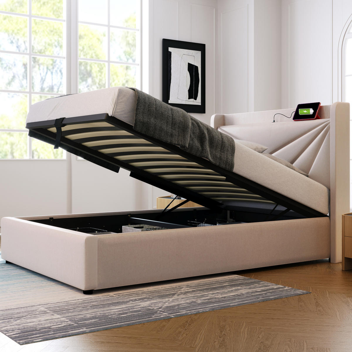 POLSTERBETT 90/200 cm Beige mit Bettkasten, Lattenrost und USB- und Type-C-Anschlüssen - Beige, Textil (90/200cm) - Flora Grace