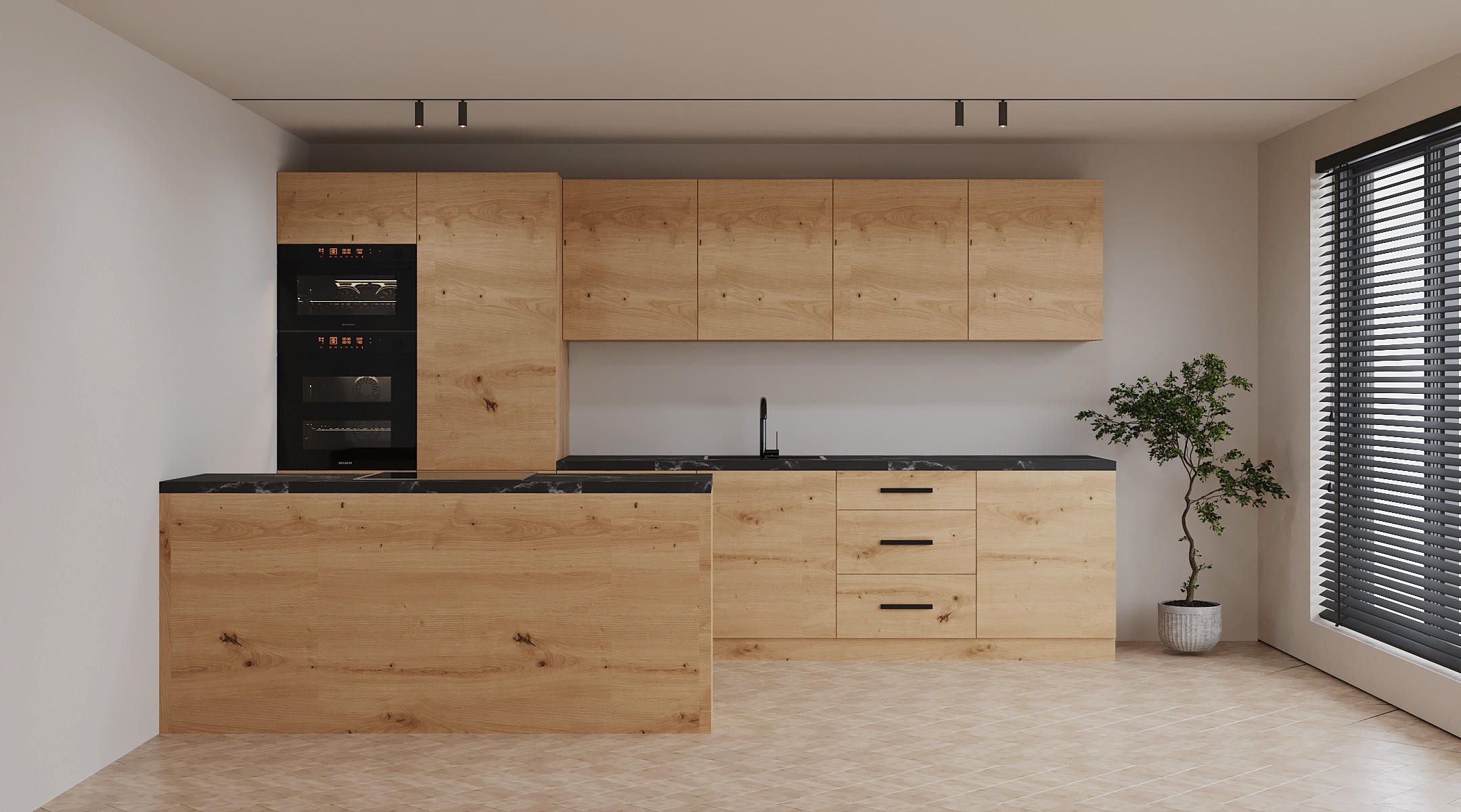 INSELKÜCHE Nexa Woodline – 360 cm + Insel 180 cm – K104-G360 - Hellbraun/Schwarz, Holzwerkstoff/Metall (360/210/60cm) - ROYAL24_MARKT
