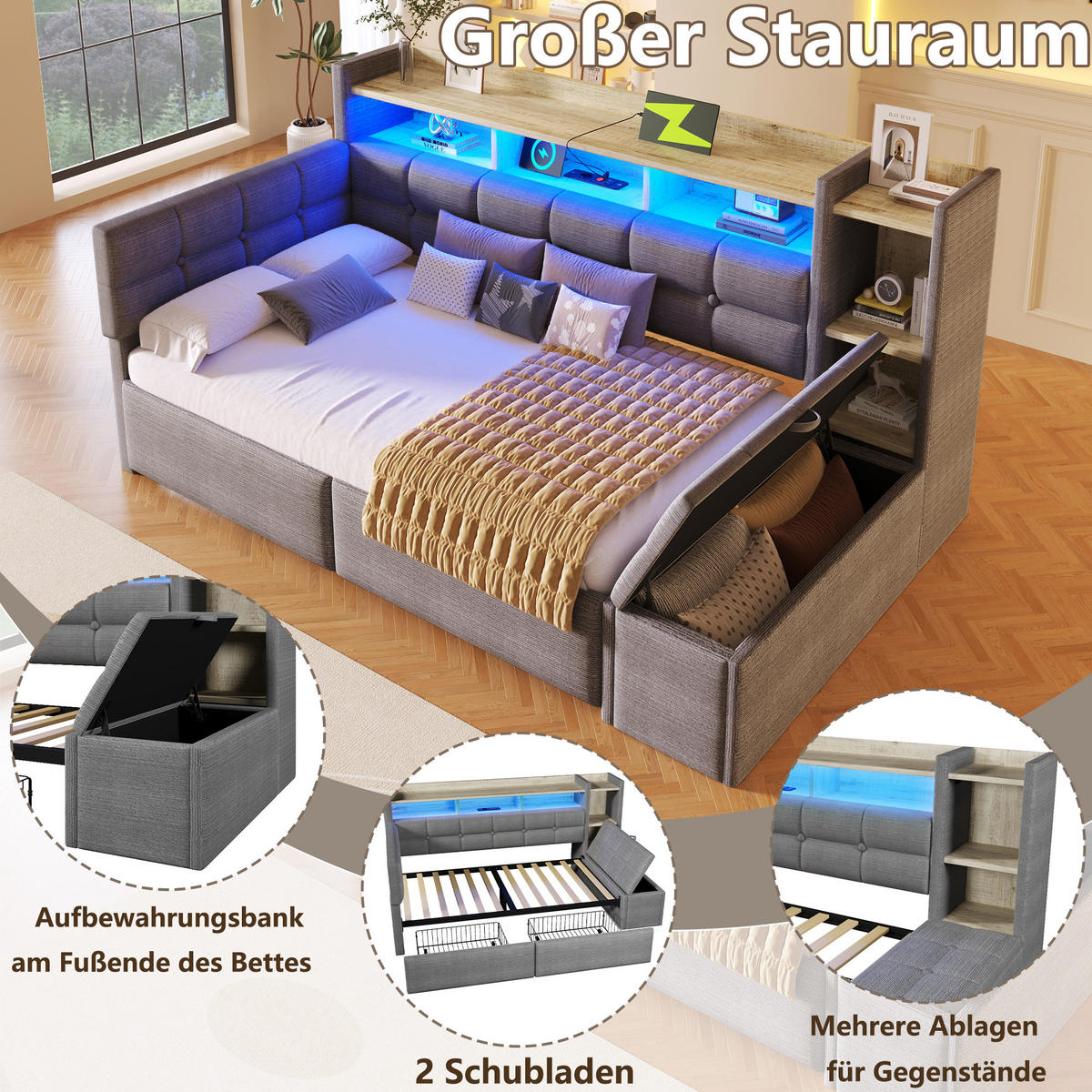 TAGEBETT 90x190cm Dunkelgrau Samt 2 Schubladen USB LED-Licht - Dunkelgrau, Holz (90/190cm) - FLIEKS