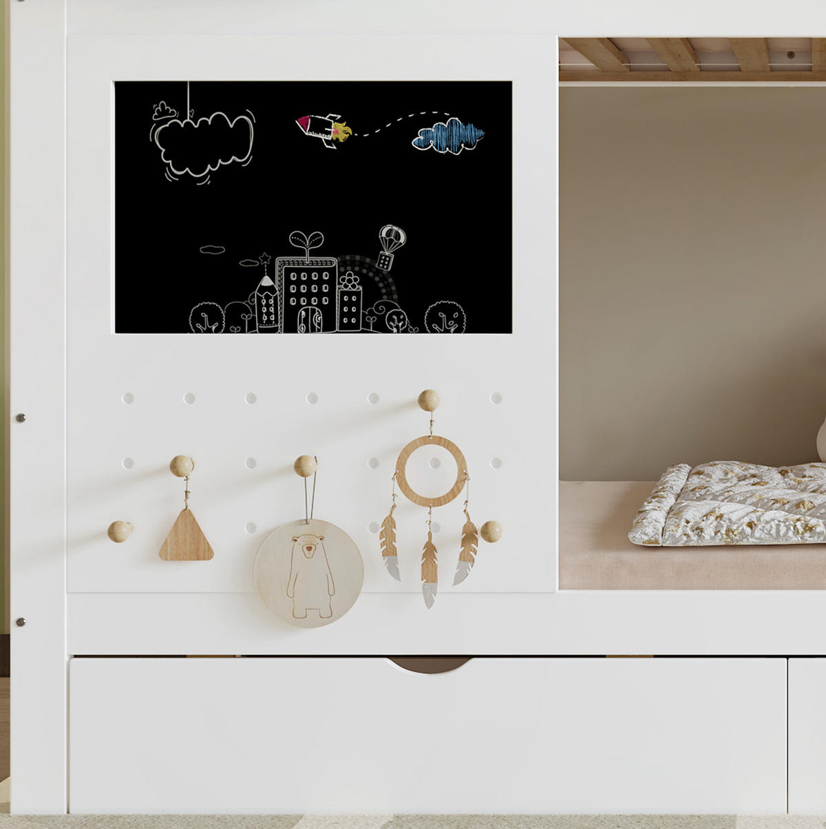 DOMČEKOVÁ posteľ 90/200 cm masívne drevo a MDF bielo-zelená s úložnými schodmi - biela, drevo (90/200cm) - BEAOK