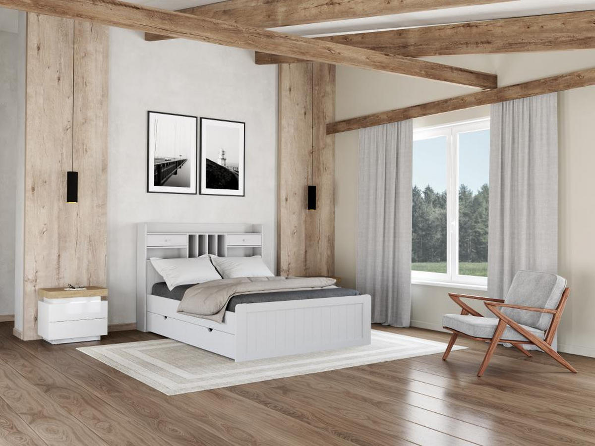 NACHTTISCH mit 2 Schubladen & LEDs - MDF lackiert - Weiß & Eichefarben - HALO II - Naturfarben, Holz (40/50/55cm) - Vente-Unique