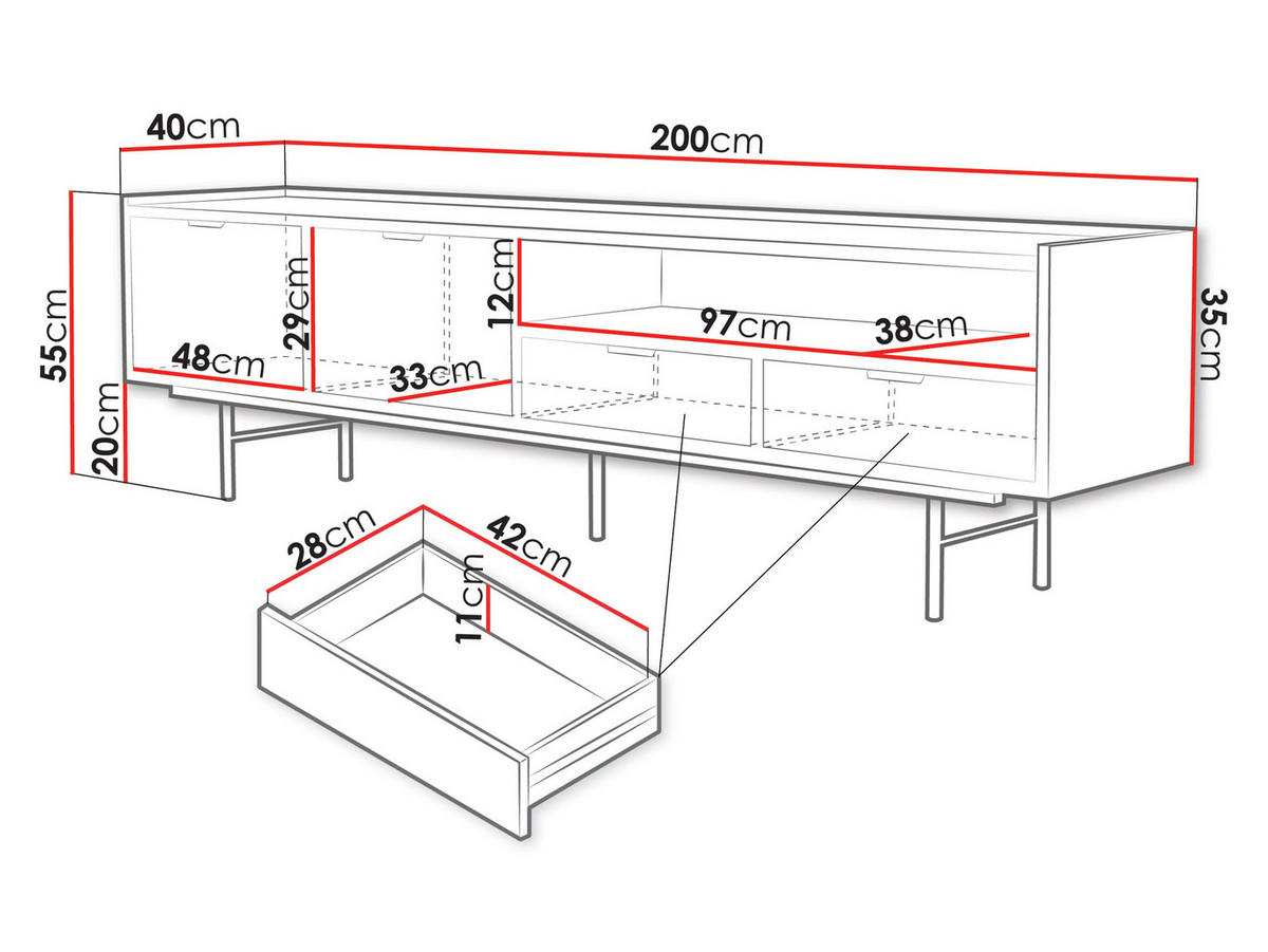 TV-LOWBOARD Edison 200 - Eichefarben/Schwarz, Holzwerkstoff/Metall (200/55/40cm) - MIRJAN24