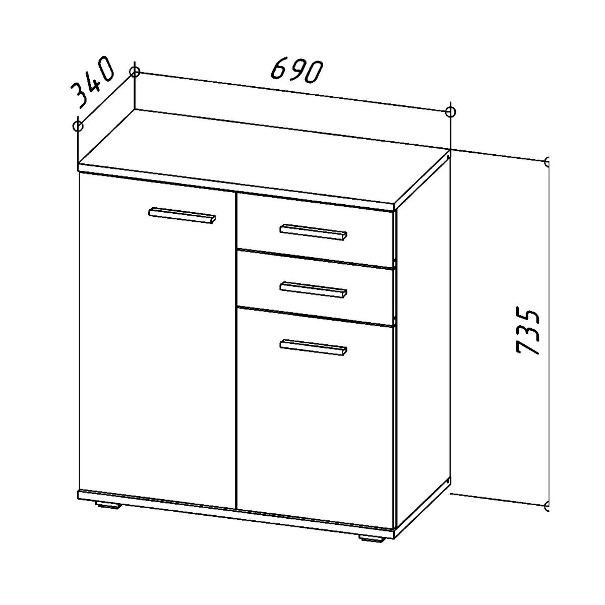 SIDEBOARD FAUSKE KOM2-2D2S Schubladen Eiche Sonoma Weiß - Silberfarben/Weiß, Holzwerkstoff/Kunststoff (69/74/34cm) - Komodee
