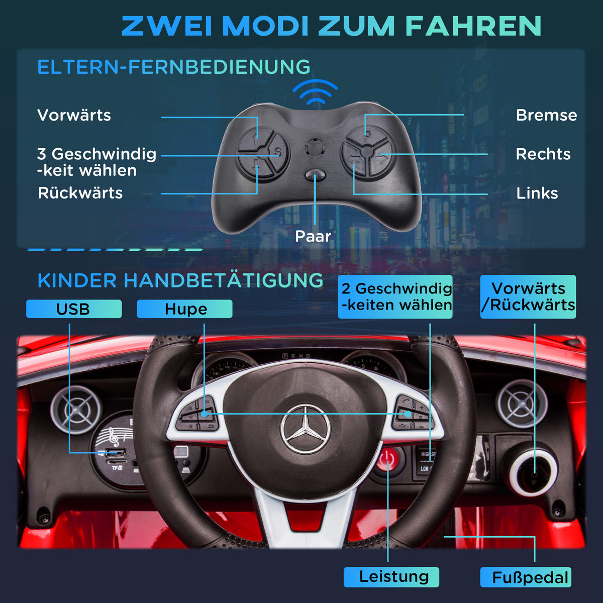KINDER Elektroauto, 12V Kinderfahrzeug mit 2,4G-Fernbedienung, Musik USB - Rot, Metall (107/62.5/44cm) - AIYAPLAY