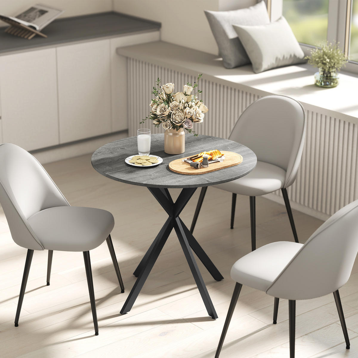 KÜCHENTISCH rund Grau 80/80/75 cm - Schwarz/Grau, Metall (80/80/75cm) - HOMCOM