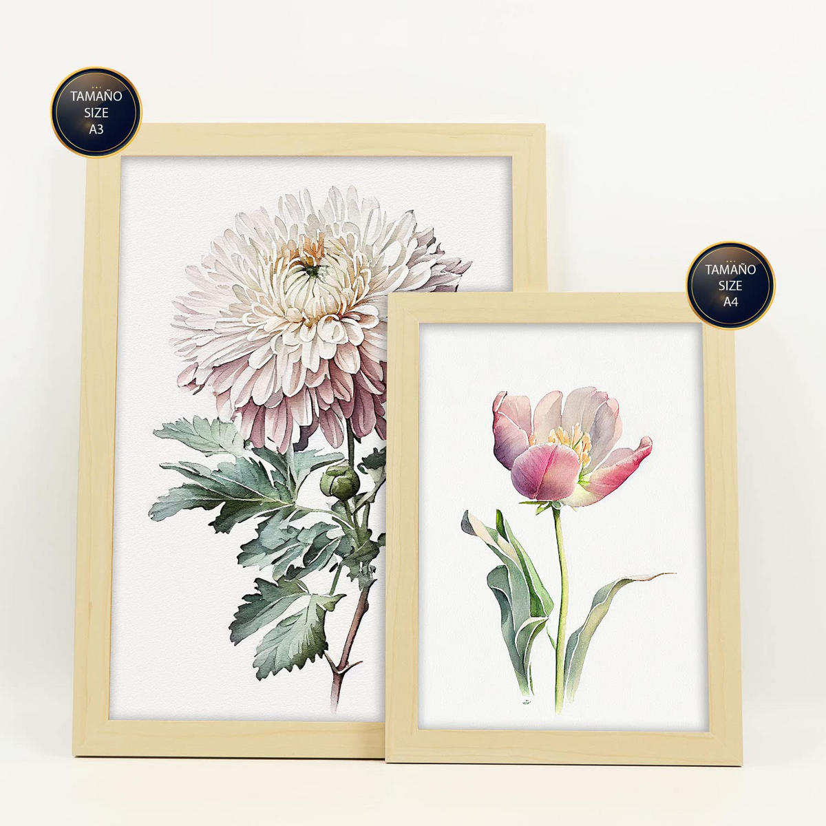 POSTER Set Mit 6 Pinke Blumen Vollfarbige Natur Und Botanikdrucke Mit Blumenmotiven Auf Reinweißen Hintergründen A3 & A4 Rahmen Aus Hellem Holz - Beige, Papier (29/3cm) - Nacnic