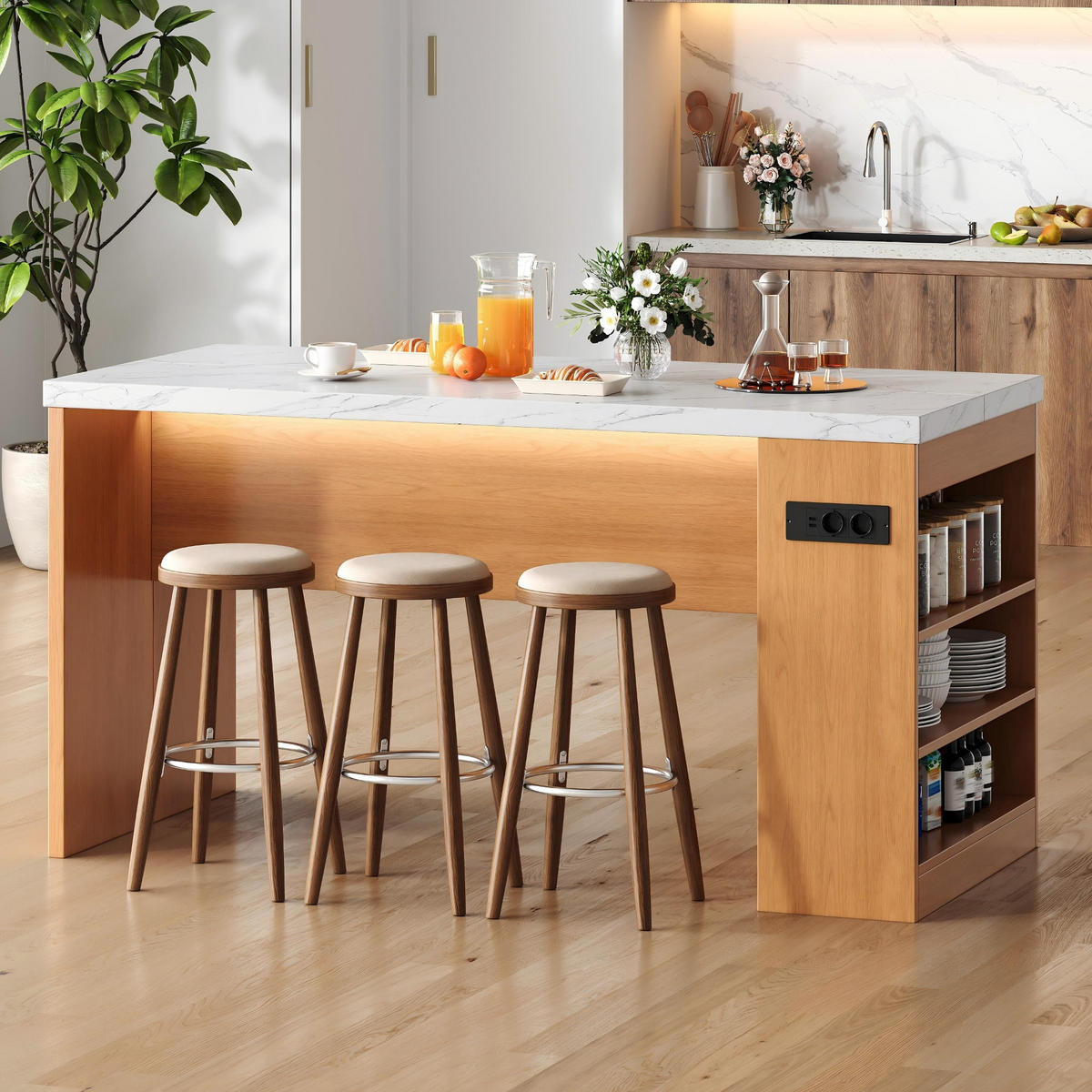 KÜCHENINSEL 155/80/90 cm Natürlich mit LED Beleuchtung, Steckdose und offenen Ablagen - Weiß, Holz (80/90/155cm) - Oxeza
