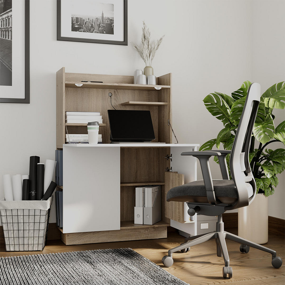 SEKRETÄR SCHREIBTISCH Alena Sonoma 85 x 27 cm - Weiß/Sonoma Eiche, Holzwerkstoff (27/85/118.9cm) - Vicco