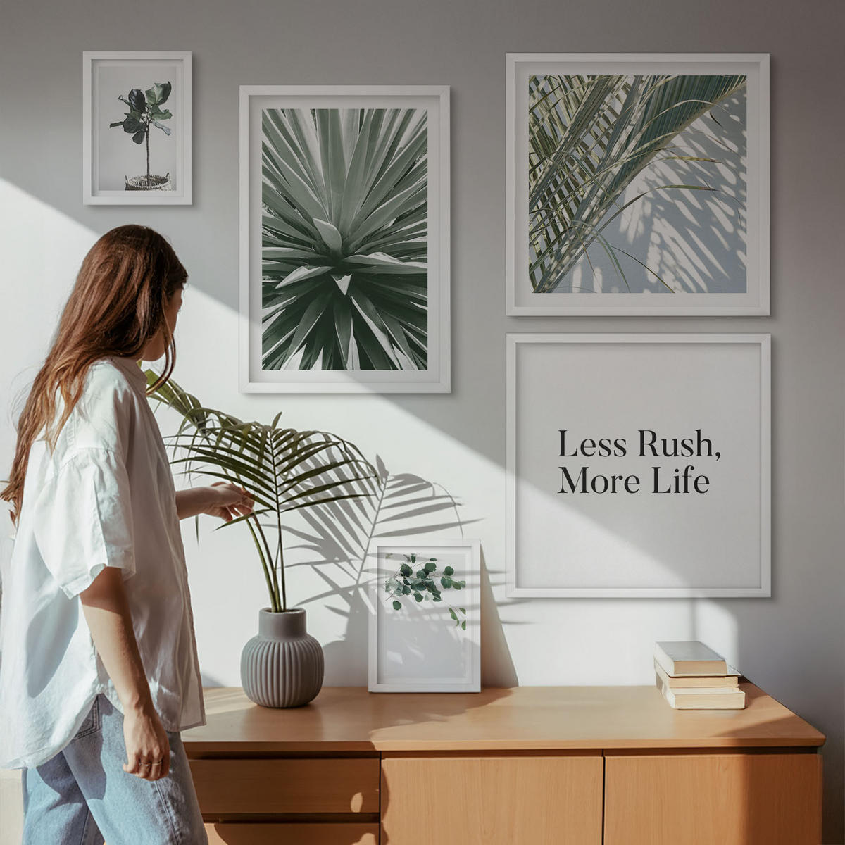 WANDBILDER 5er-Set - 50x50 cm & 20x30 cm & 40x60 cm Weißer Rahmen - Minimalismus mit grünen Pflanzen - Weiß, Kunststoff (40/60cm) - ArtPrintCave