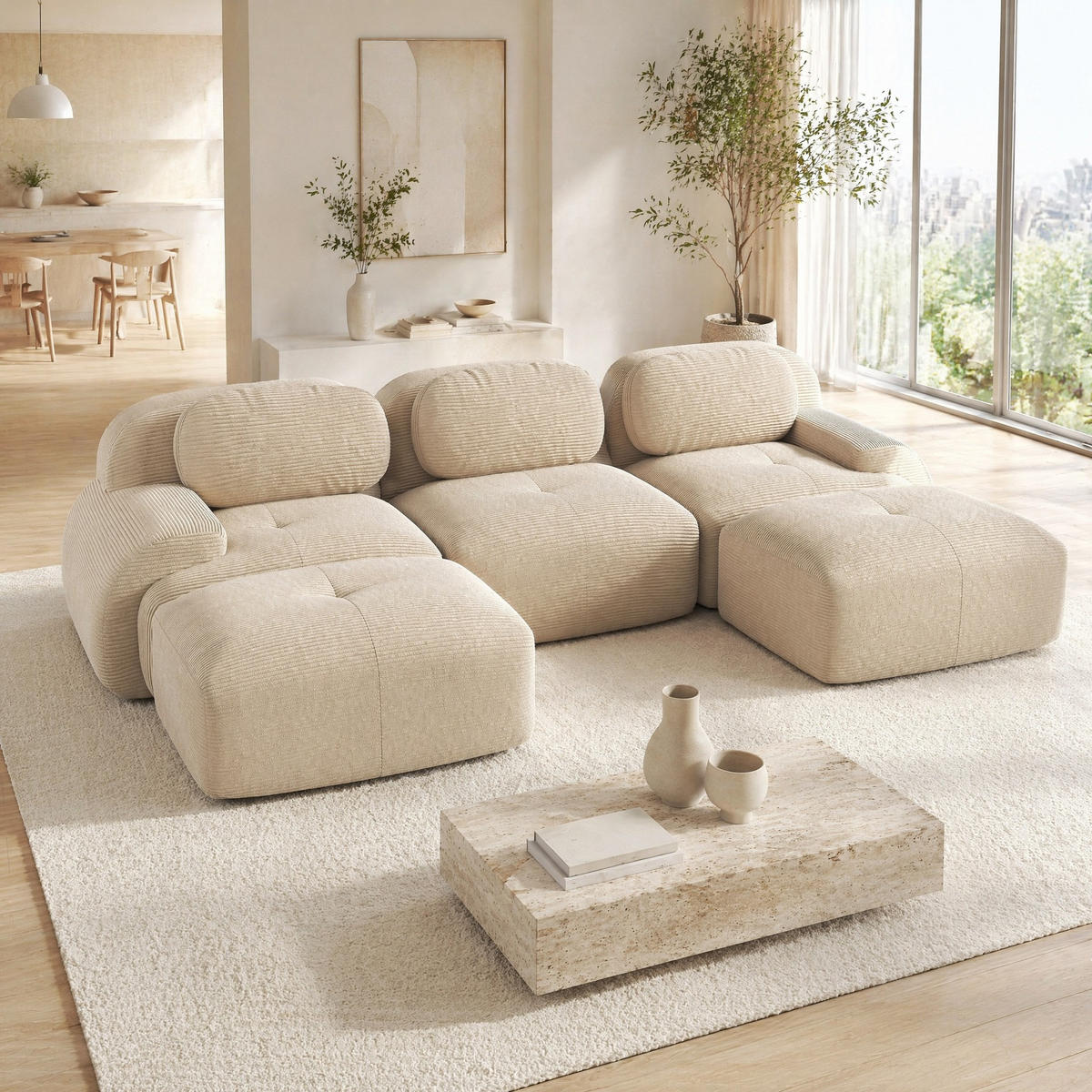 WOHNLANDSCHAFT in Beige aus Cordstoff mit 32D-Schaum, rahmenlos und montagefrei - Beige, Textil (178/70/298cm) - Flora Grace