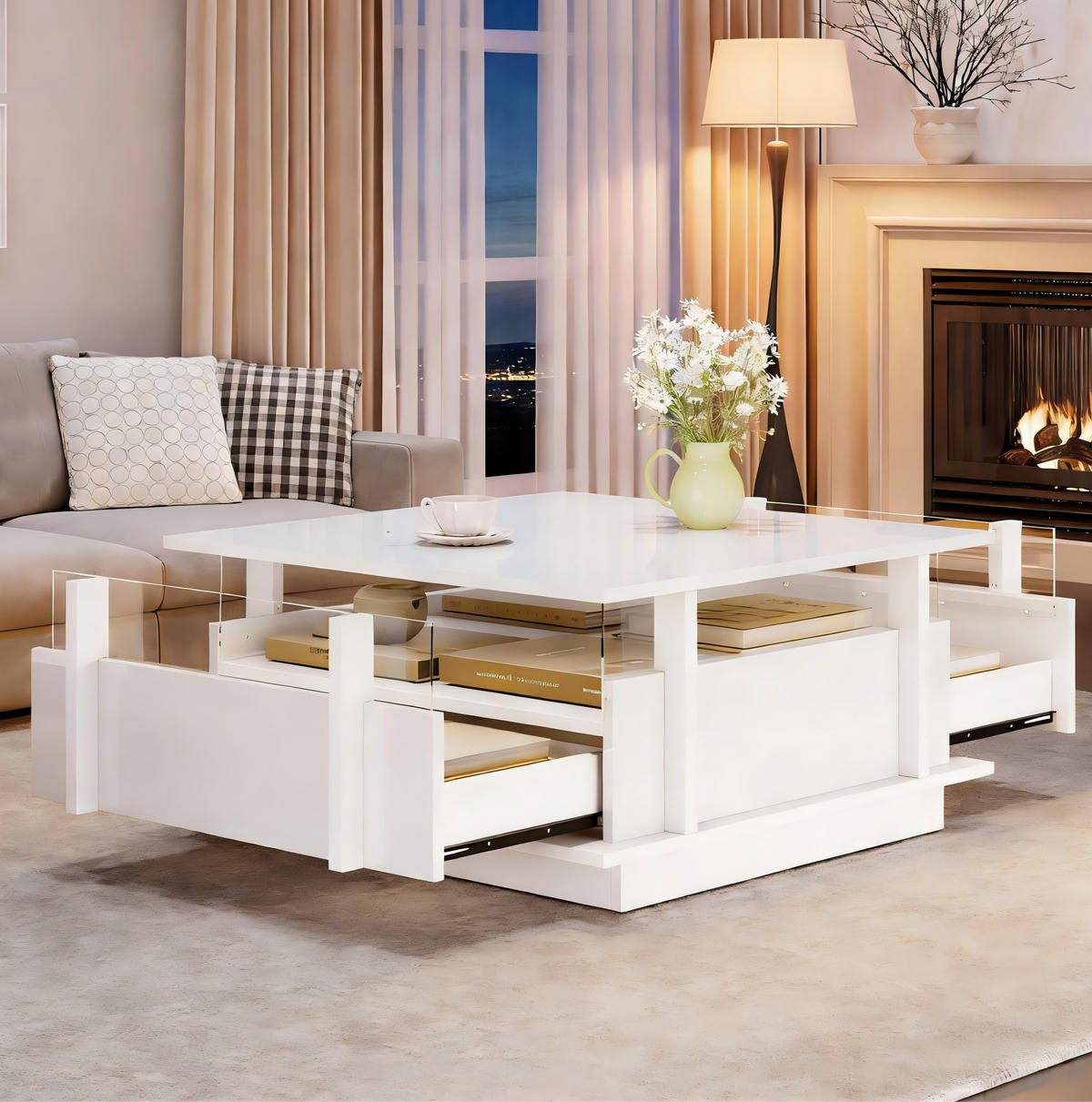 COUCHTISCH in Weiß Sofatisch Hochglanz mit 2 Schubladen, LED & Acryl-Trennwand, Sofatisch für Wohnzimmer,B70/T70/H35cm - Weiß, Holzwerkstoff/Metall (70/70/35cm) - STILVORA