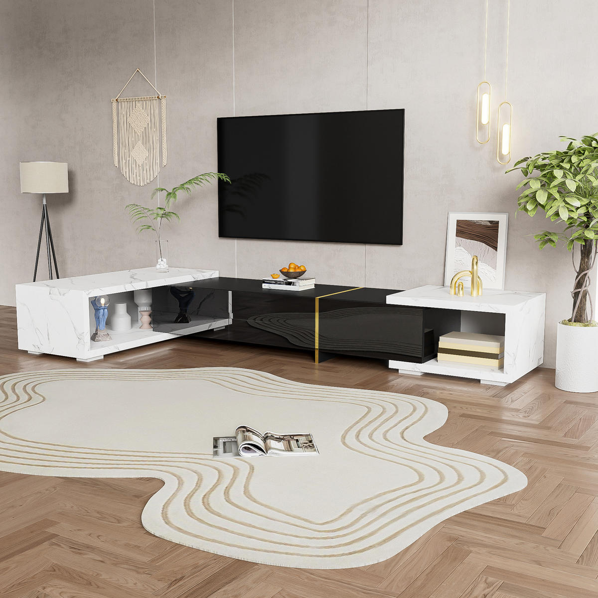 TV-SCHRANK mit 3 Türen und 2 Schubladen in Weiß und Schwarz 190/35/45 cm - Schwarz, Holzwerkstoff (260/30/40cm) - Redom