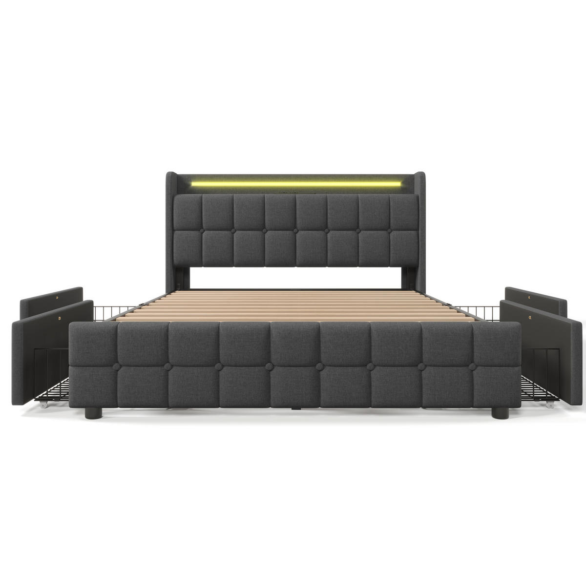 POLSTERBETT 140/200 cm mit LED-Beleuchtung, USB und 4 Schubladen in Grau - Grau, Holz (140/200cm) - BEAOK