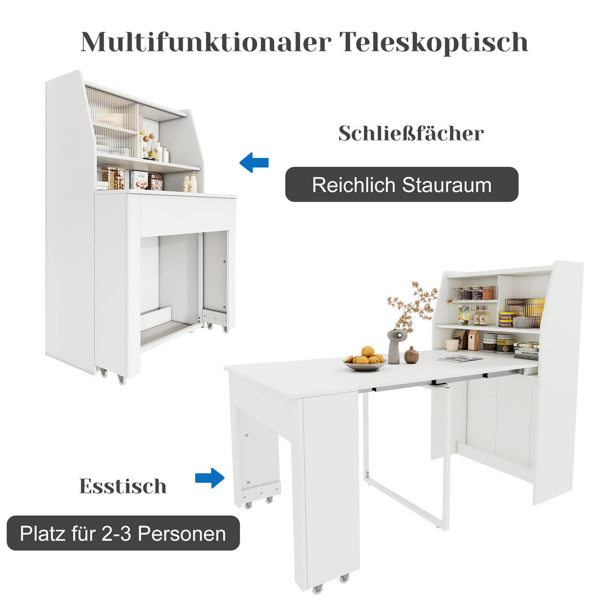 AUSZIEHTISCH Weiß 52-132.5/80/76 cm - Weiß, Holz (80/52/76cm) - PANGIVO