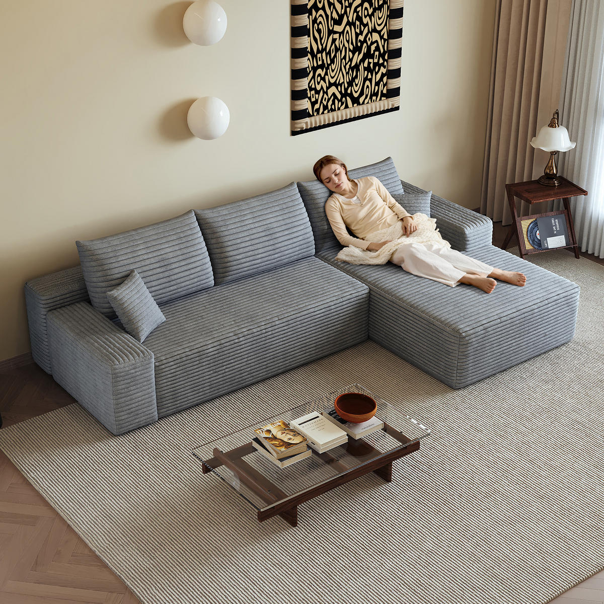 ECKSOFA 270/175/83 cm Grau Cord mit Chaiselongue, Rechte Seite - Grau, Textil (270/175cm) - Oxeza