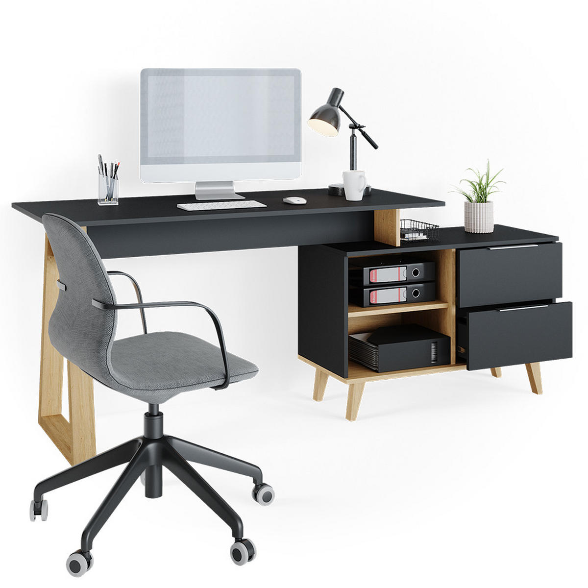 SCHREIBTISCH Nautica Anthrazit 138 x 60 cm mit Schubladen, XL - Anthrazit/Buchefarben, Holzwerkstoff (60/138/77cm) - Vicco