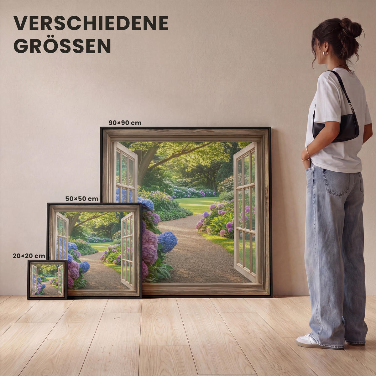 LEINWAND Bilder mit Rahmen - Aussicht - Garten - Fenster - Hortensie - Blumen - 50x50 - Pastellblau, Textil (50/50cm) - MuchoWow