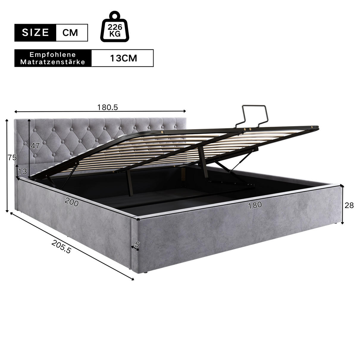 POLSTERBETT 180/200 cm in Grau Samt - Grau, Holz/Textil (180/200cm) - KOMHTOM