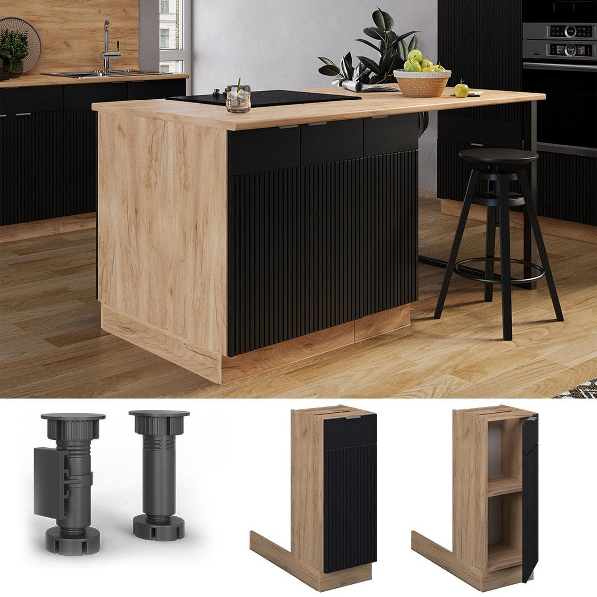 KÜCHENINSEL Fame-Line Schwarz gestreift 30 cm ohne Arbeitsplatte - Honigeiche/Schwarz, Holzwerkstoff (30/82/70cm) - Vicco