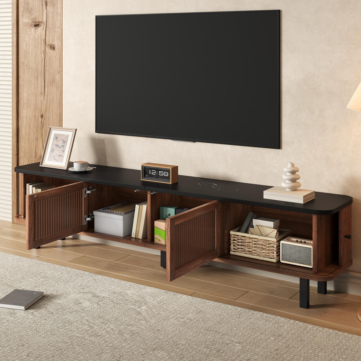 TV-SCHRANK Nussbaum 190/35/45 cm mit Schiebetüren und Gittertüren - Walnussfarben, Karton (35/45/190cm) - PANGIVO