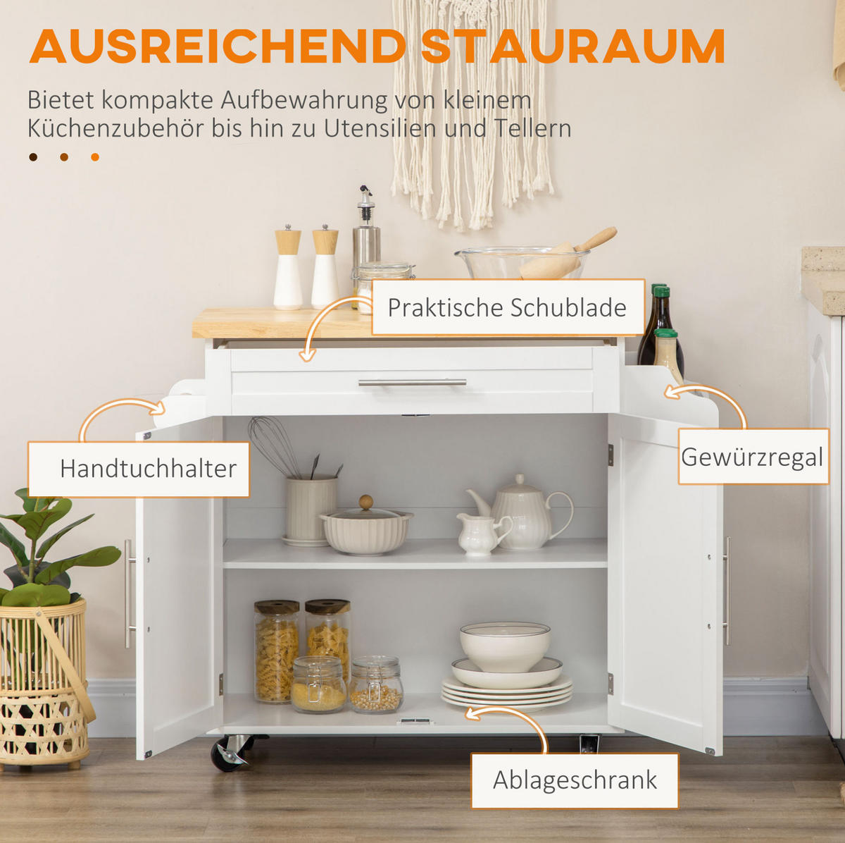 KÜCHENWAGEN 109/40/89 cm in Weiß mit Schublade, Schrank und Rollen - Weiß, Holzwerkstoff (109/89/40cm) - Flora Grace