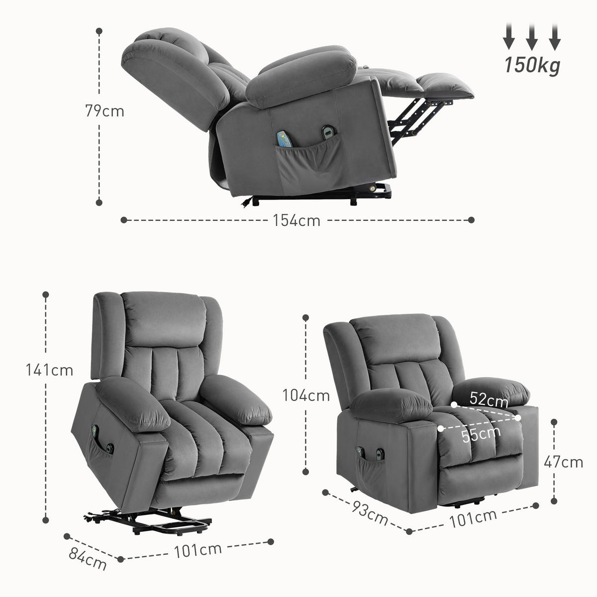 FERNSEHSESSEL mit Aufstehhilfe Relaxsessel mit Massage-/ Wärme-/Liegefunktion - Dunkelgrau, Textil (93/104/101cm) - HOMCOM