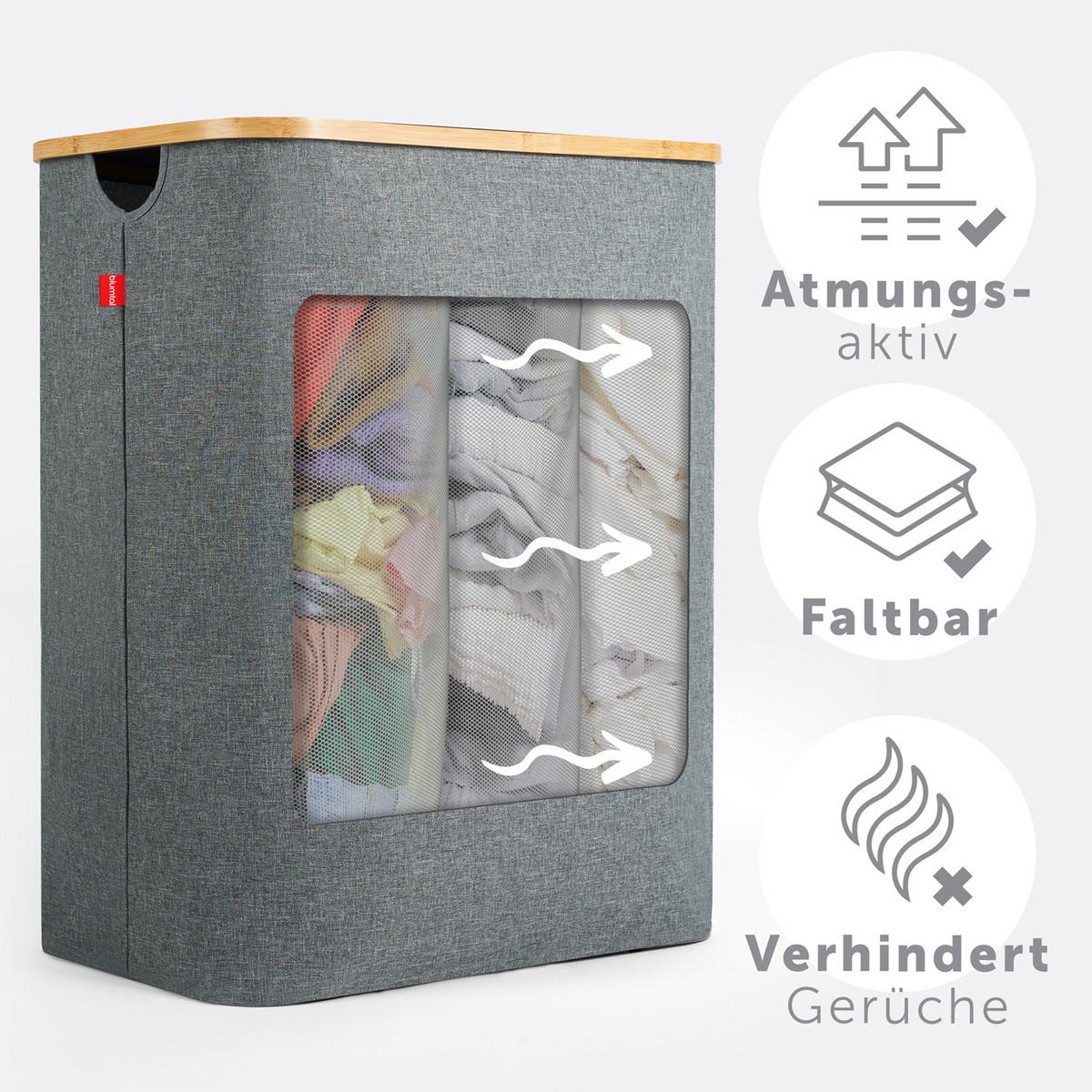 KÔŠ na bielizeň s vekom, 150L, Sivý - sivá, drevo (37/70/57cm) - Blumtal