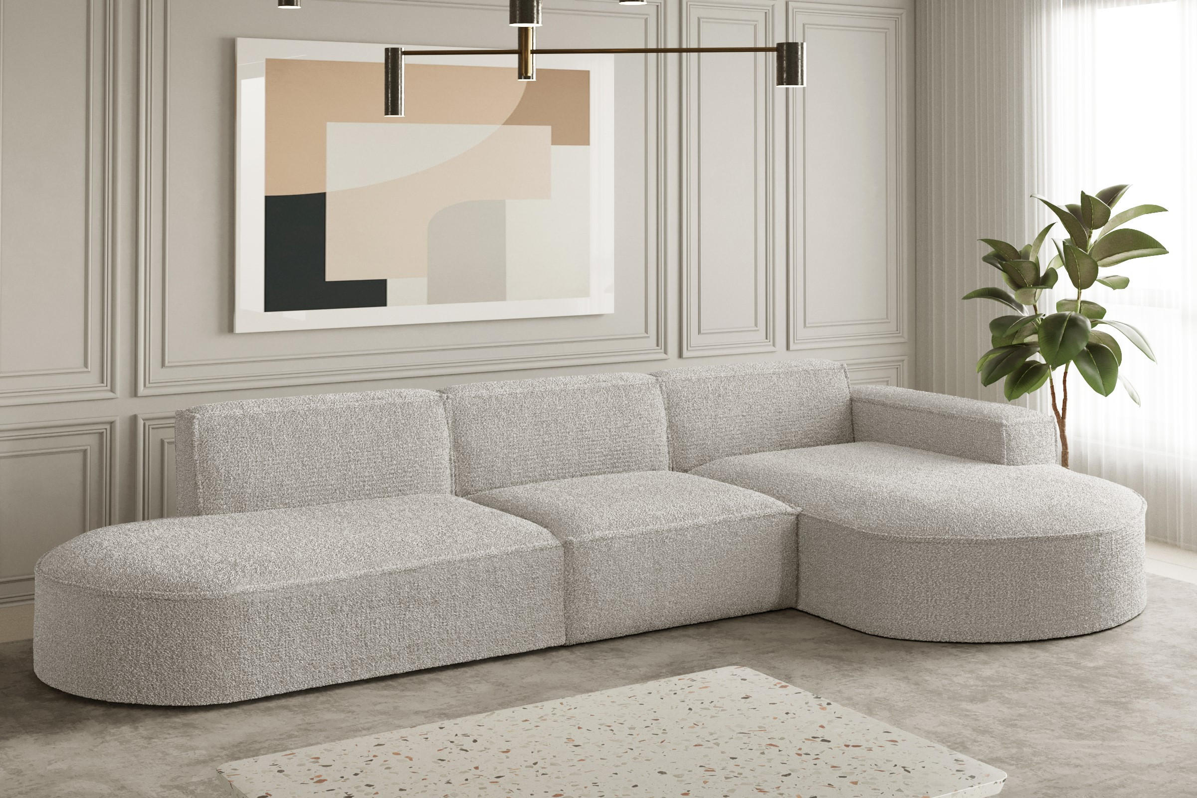 ECKSOFA Designer L-Form MODENA Stoff Loop Perle Rechts - Champagner, Holz (296/165cm) - Kaiser Möbel