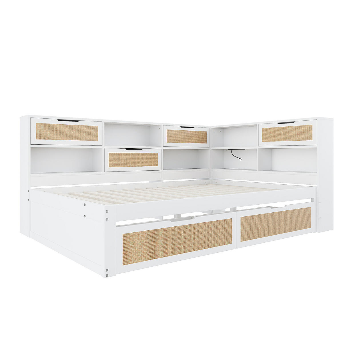 MULTIFUNKTIONSBETT 140/200 cm weiß aus MDF mit Stauraum und USB-Anschlüssen - Weiß, Holzwerkstoff (140/200cm) - OKWISH