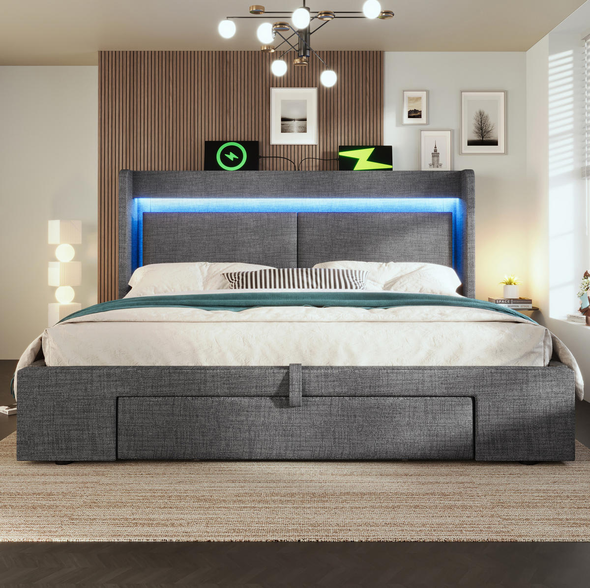 POLSTERBETT 160/200 cm grau aus Leinen mit LED, Stauraum und Matratze - Grau, Textil (160/200cm) - OKWISH