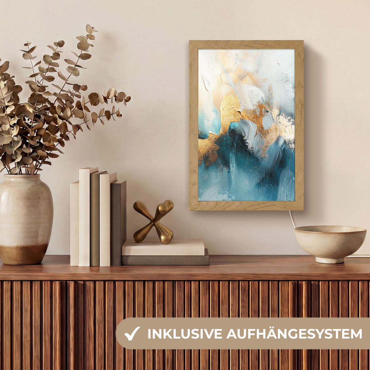 NÁSTĚNNÁ LAMPA Abstraktní - umění - zlatá - modrá 20x30 cm - tyrkysová, kompozitní dřevo (20/30/8cm) - OnlyWow