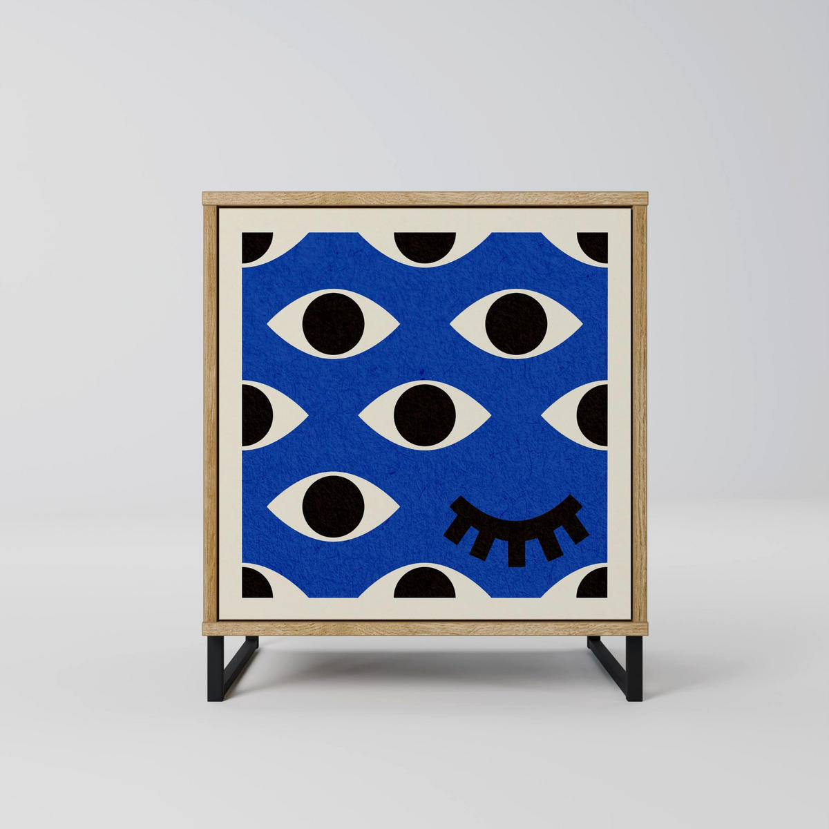 SIDEBOARD GEOMETRIC EYES, Eichefarben, 57,5x42x72,5 cm, Schwarze Metallfüße - Eichefarben/Multicolor, Holzwerkstoff/Metall (57.5/72.5/42cm) - SpaceRebels