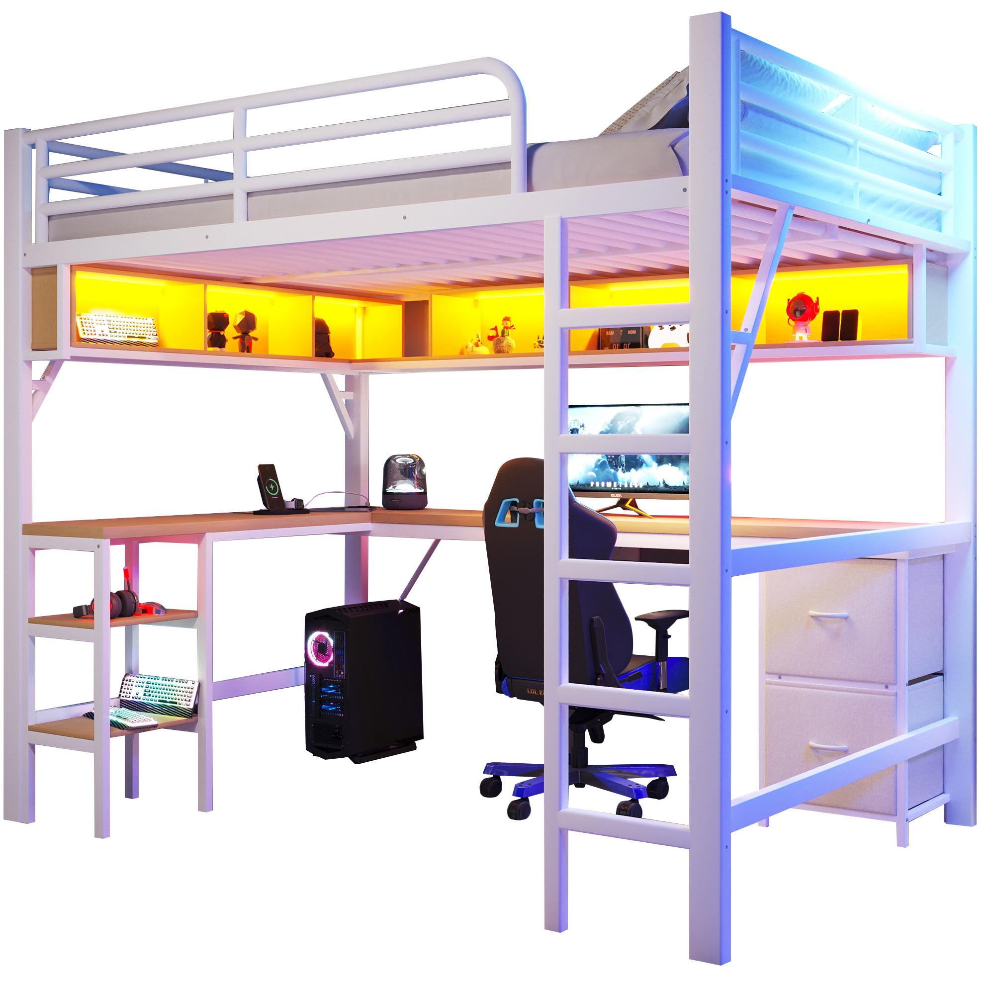 HOCHBETT 140/200 cm in Weiß mit Schreibtisch, Regalen und LED-Beleuchtung - Weiß, Holzwerkstoff (140/200cm) - Flora Grace