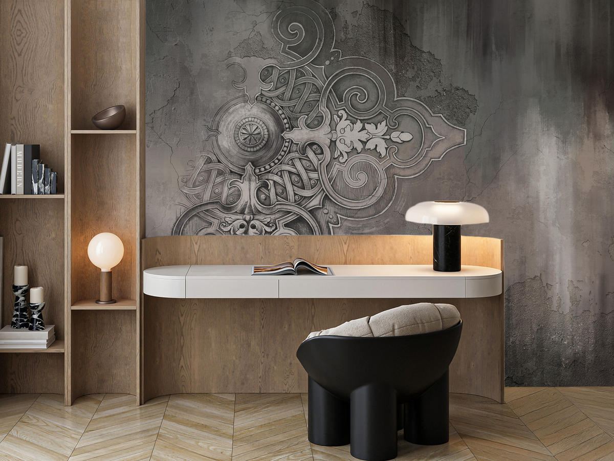 FOTOTAPETE für Wohnzimmer Retro Ornament Betonwand 250x175 - Schwarz/Braun, Papier (250/175cm) - Muralo