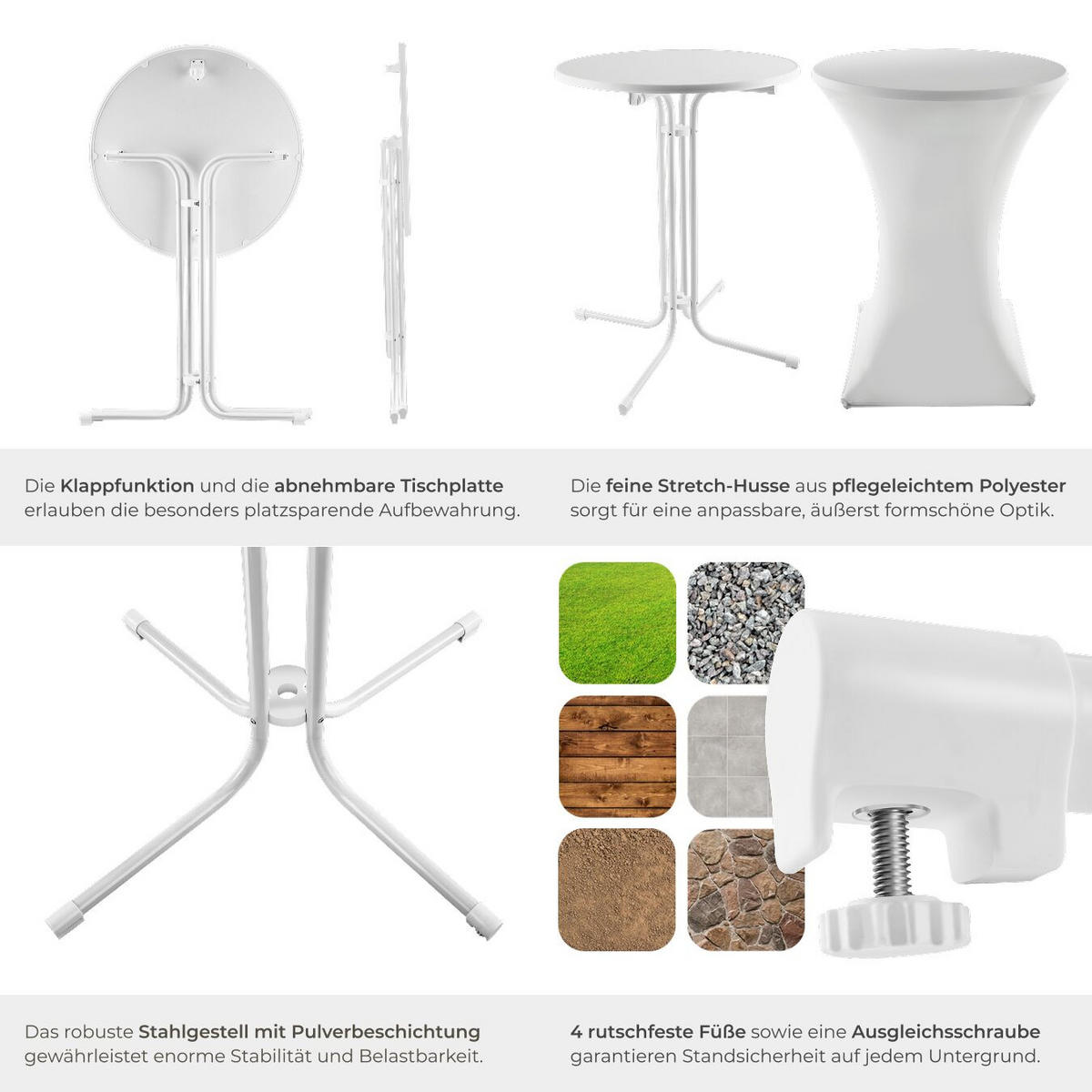 STEHTISCH Eren,bodenschonende Kunststofffüße & Ausgleichsschraube,weiß - Weiß, Textil (80/80/110cm) - tectake